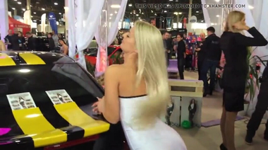 Подглядывание под платье роскошной модели на автомобильной выставке